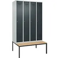 C+P Evolo Plus kledingkast, 4 vakken, 300 mm vakbreedte, met bank eronder, B 1200 x D 815 x H 2120 mm, cilinder, lichtgrijs/antracietgrijs