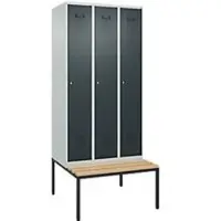 C+P Evolo Plus kledingkast, 3 vakken, 300 mm vakbreedte, met bank eronder, B 900 x D 815 x H 2120 mm, cilinder, lichtgrijs/antracietgrijs