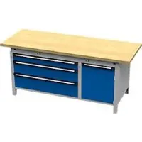 OttoKind Otto Kind brede werkbank type 435, multiplexplaat van beukenhout, met overhang, tot 1400 kg, B 2004 x D 750 x H 850 mm, staal, centrale vergrendeling, blank aluminium/geniaanblauw