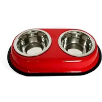 Metrox Dubbele voerbak, 2 x 400 ml roestvrijstalen kommen, voerbak, antislipbodem, zwart (rood)