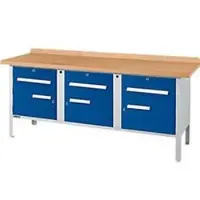 Schäfer Shop Box-type werkbank PW 200-5, beuken multiplex blad, tot 750 kg, B 2000 x D 700 x H 840 mm, gentiaanblauw