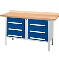 Schäfer Shop Box-type werkbank PWi 150-6, beuken multiplex blad, tot 750 kg, B 1500 x D 700 x H 840 mm, gentiaanblauw