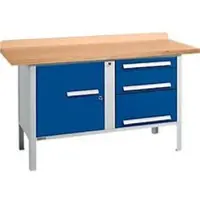 Schäfer Shop Box-type werkbank PWi 150-7, beuken multiplex blad, tot 750 kg, B 1500 x D 700 x H 840 mm, gentiaanblauw