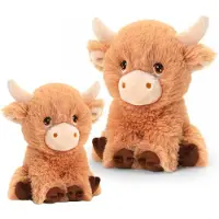 Keel Toys 2x koeien knuffels - pluche Schotse Hooglander koeien knuffeldieren - bruin - lopend - 18 en 25 cm