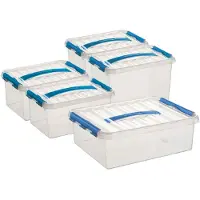 Sunware Q-Line opberg boxen set van 5x stuks - 3 maten - 6-9-12 liter - kunststof - transparant/blauw