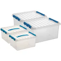 Sunware Q-Line opberg boxen set van 4x stuks - 2 maten - 15 en 36 liter - kunststof - transparant/blauw