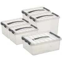 Sunware Q-Line opberg boxen set van 5x stuks - 3 maten - 6-9-12 liter - kunststof - transparant/grijs