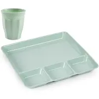PlasticForte Vakjesborden 4x - met bekers 4x - groen - kunststof - gourmetborden - bbq borden - servies