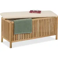 Relaxdays badkamer bankje met wasmand - 100 l - hout en stof - 50x100x38 cm