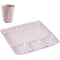 PlasticForte Vakjesborden 4x - met bekers 4x - roze - kunststof - gourmetborden - bbq borden - servies