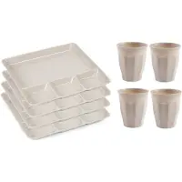 PlasticForte Vakjesborden 8x - met bekers 8x - beige - kunststof - gourmetborden - bbq borden - servies