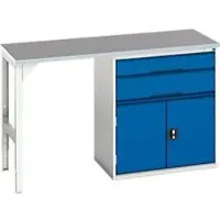 Bott Onderbank verso, linoleumblad, 2 laden, 1 deur, 1 plank, B 1500 x D 600 x H 930 mm, lichtgrijs / gentiaanblauw