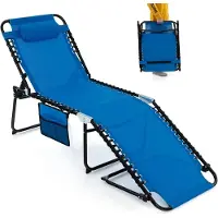Costway Ligstoel tuin, 4-voudig zonnebed met zijzak en hoofdsteun tot 150kg, inklapbaar campingligstoel met verstelbare rugleuning voor strand, balkon zwembad (marineblauw)