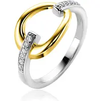 Zinzi zilveren bicolor ring met gold plated open druppelvorm, witte zirconia's in scheen ZIR1709Y