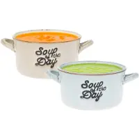 Excellent houseware Soepkommen/serveer schaaltjes - 2x - met oor - lichtblauw/beige - porselein - 500ml