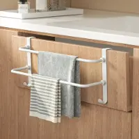 Emke Handdoekrek RVS - 41cm Dubbele Stang - Hangend - Zonder Boren - Handdoekhouder met Haak - Wit