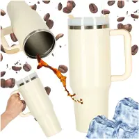 Kik - Crème - 40oz - Travel Cup - RVS Thermosbeker met Handvat en Rietje - Drinkbeker To Go - 1.2 Liter - Koffiebeker - Travel Mug - Thermosbeker - Thermosfles - Thermoskan