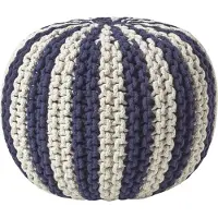 Homescapes - Gebreide ronde poef - Streepdesign - Katoen - Donkerblauw en wit - 35 x 40 cm