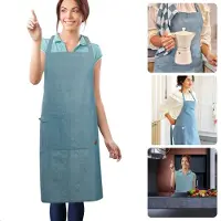 Cheqo Blauw Katoen Keukenschort - Kookschort - Schort - Verstelbaar Unisex - Met Zakken - Duurzaam Koken