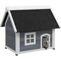 PawHut Katzenhaus Outdoor Katzenhöhle aus Holz, mit Aufklappbar Asphaltdach, Wetterfest Katzenhütte mit Fenster, 3 Türen, 77 x 57,5 x 68 cm, Grau