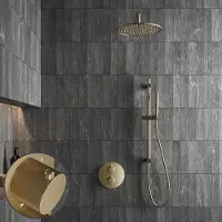 Saniclear Brass Stripes inbouw regendouche rond met 30cm hoofddouche, muurarm en glijstang geborsteld messing - mat goud