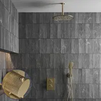 Saniclear Brass Curved inbouw regendouche met 30cm hoofddouche, plafondarm en 2 standen handdouche geborsteld messing - mat goud