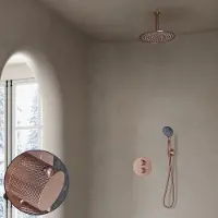 Saniclear Copper Curved inbouw regendouche rond met 30cm hoofddouche, plafondarm en 3 standen handdouche geborsteld koper