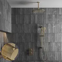 Saniclear Brass Curved inbouw regendouche met 20cm hoofddouche, plafondarm, 2 standen handdouche en glijstang geborsteld messing - mat goud