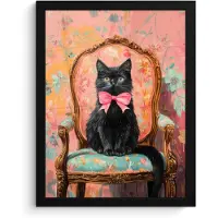PosterMonkey Poster in lijst - Fotolijst 30x40 cm - Posters - Kat - Roze - Stoel met bloemenmotief - Posterlijst zwart - Decoratie - Wanddecoratie woonkamer - Muurdecoratie slaapkamer