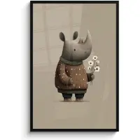 PosterMonkey Poster in lijst - Fotolijst 80x120 cm - Posters - Neushoorn - Witte bloemen - Lief - Posterlijst zwart - Decoratie - Wanddecoratie woonkamer - Muurdecoratie slaapkamer