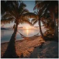 PosterMonkey Poster 75x75 cm - Palmbomen - Hangmat - Strand - Zonsondergang - Posters - Kamer decoratie - Wanddecoratie woonkamer - Muurdecoratie slaapkamer