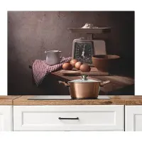 KitchenYeah Spatscherm keuken 120x80 cm - Kookplaat achterwand Stilleven - Koken - Weegschaal - Eieren - Keuken - Muurbeschermer - Spatwand fornuis - Hoogwaardig aluminium