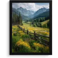 PosterMonkey Poster in lijst - Fotolijst 30x40 cm - Posters - Veld - Hek - Bergen - Bloemen - Posterlijst zwart - Decoratie - Wanddecoratie woonkamer - Muurdecoratie slaapkamer