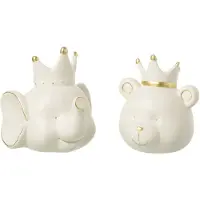 J-Line spaarpot Beer - porselein - ecru/goud - small - 2 stuks