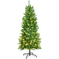 Costway Potloodkerstboom van 150, 180 of 210 cm hoog, dennenboom, met warmwitte ledlampjes, inklapbaar, met metalen standaard, kerstboom, pvc-naalden, kunstboom, Kerstmis, groen (150 cm)