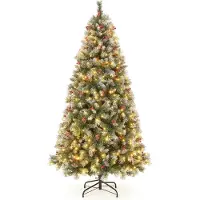 Costway Kunstkerstboom van 195 cm met verlichting, sneeuw, dennenappels en rode bessen, dennenboom met 8 verlichtingsmodi, 420 warmwitte ledlampen, kerstboom, kunstboom voor Kerstmis