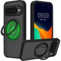 Kalibri Beschermhoes met ringhouder vppr Google Pixel 10 / Pixel 10 Pro - Kickstand 360° harde hoes compatibel met MagSafe - zwart / mat transparant
