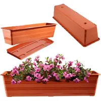 Kadax Bloembak 60 cm met schoteltjes, terracotta, kunststof balkonpot, weerbestendige plantenbak, bloempot, leuningbox voor bloemen, kruiden