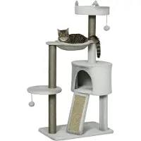 PawHut Kratzbaum Katzenkratzbaum mit Sisalsäule Katzenhöhle 113 cm Katzenbaum mit Rampe Spielbaum mit Katzenspielzeug Hängematte Hellgrau