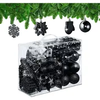 Relaxdays kerstballen set van 100 - plastic - onbreekbaar - mat - glanzend - glitters - 10 designs - zwart