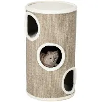 PawHut Kratztonne, Höhe 70 cm, Spieltonne für Katzen, 3 Ebenen, Katzenkratzbaum mit 3 Höhlen, Katzenbaum, Kratzturm aus Sisal, Katzenmöbel, Plüsch, Braun