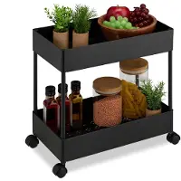 Relaxdays keuken trolley - met wieltjes - 2 laags - badkamer - kunststof - serveerwagen - zwart