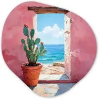 MuchoWow Organische wanddecoratie 60x60 cm - Organisch schilderij Zee - Roze - Cactus - Muurdecoratie woonkamer - Kamer decoratie - Schilderijen - Muurcirkel aesthetic