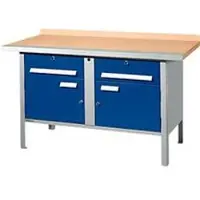 Schäfer Shop PWi 150-0 werkbank met kasten, beuken multiplexplaat, met stalen rand, tot 750 kg, B 1500 x D 700 x H 840 mm, gentiaanblauw/blank aluminium