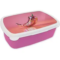 MuchoWow Broodtrommel Roze - Lunchbox Peper - Disco - Rood - Glitter - Brooddoos 18x12x6 cm - Brood lunch box - Broodtrommels voor kinderen en volwassenen
