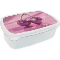 MuchoWow Broodtrommel Wit - Lunchbox Glitter - Discobol - Roze - Kersen - Brooddoos 18x12x6 cm - Brood lunch box - Broodtrommels voor kinderen en volwassenen