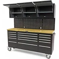 HBM werkbank 182 cm met 15 laden, kastenwand en achterwand, houten werkblad, zwart