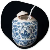 MuchoWow Organische wanddecoratie 60x60 cm - Organisch schilderij Kokosnoot - Eten - Delfts blauw - Drinken - Muurdecoratie woonkamer - Kamer decoratie - Schilderijen - Muurcirkel aesthetic