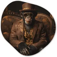 MuchoWow Organische wanddecoratie 90x90 cm - Organisch schilderij Chimpansee - Stoel - Pak - Bruin - Muurdecoratie woonkamer - Kamer decoratie - Schilderijen - Muurcirkel aesthetic