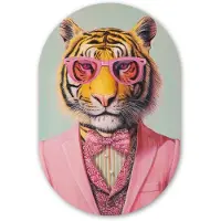 MuchoWow Muurovaal 60x90 cm - Ovale wanddecoratie Tijger - Strik - Jasje - Roze - Ovalen schilderij - Muurdecoratie woonkamer - Kamer decoratie - Schilderijen - Wandcirkel